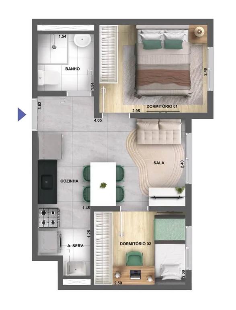 Planta 01 - 2 dorm 32,38m²