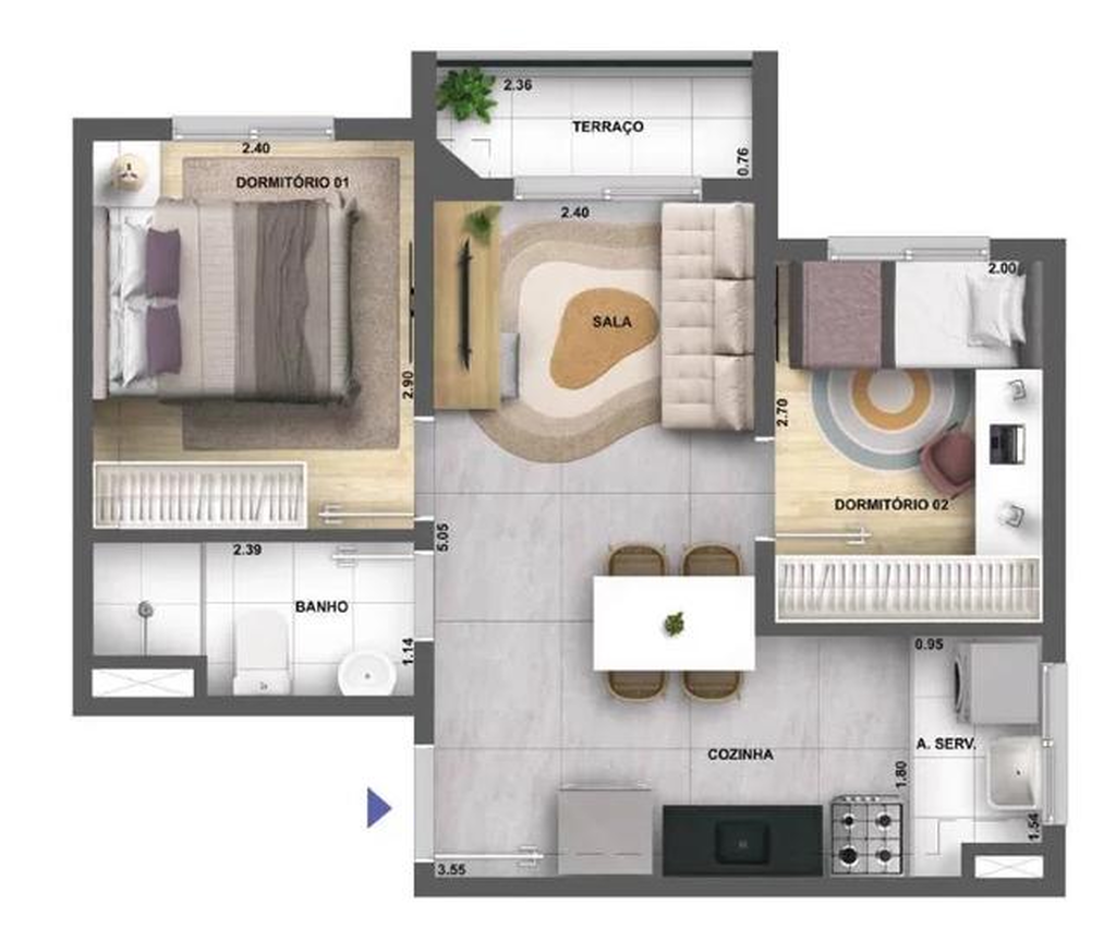 Planta 05 - 2 dorm 38,39m²