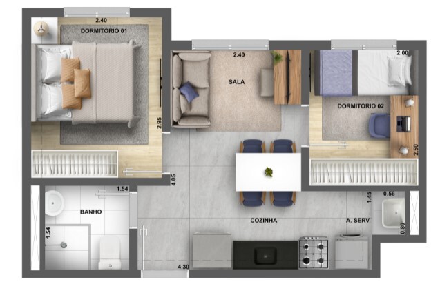 Planta 01 - 2 dorm 32m²