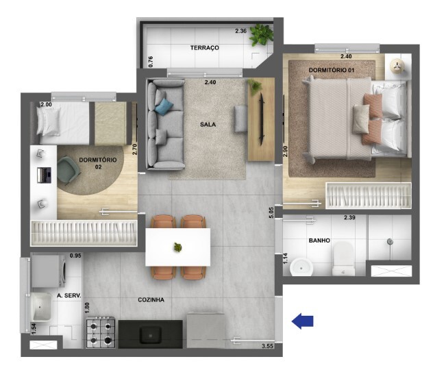 Planta 04 - 2 dorm 38m²