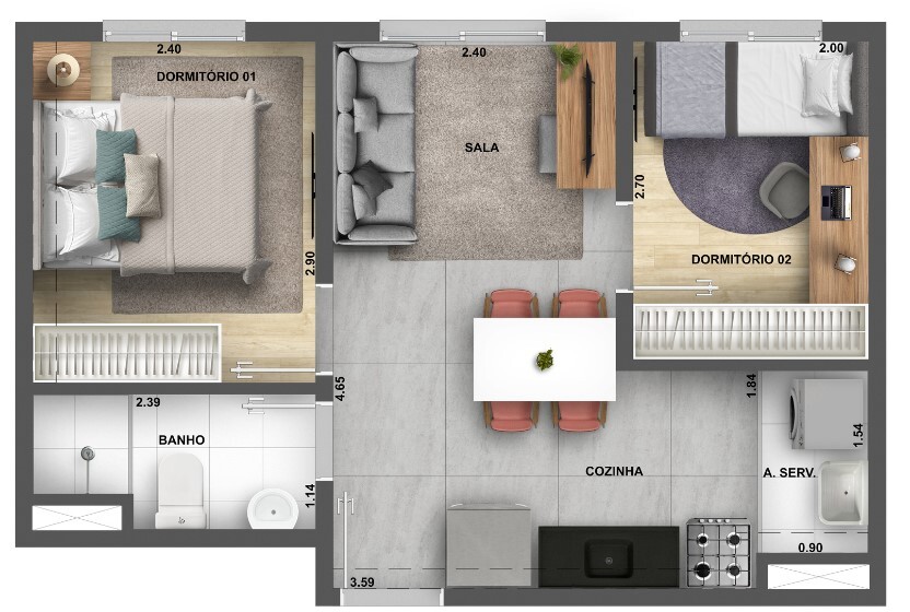 Planta 02 - 2 dorm 34m²