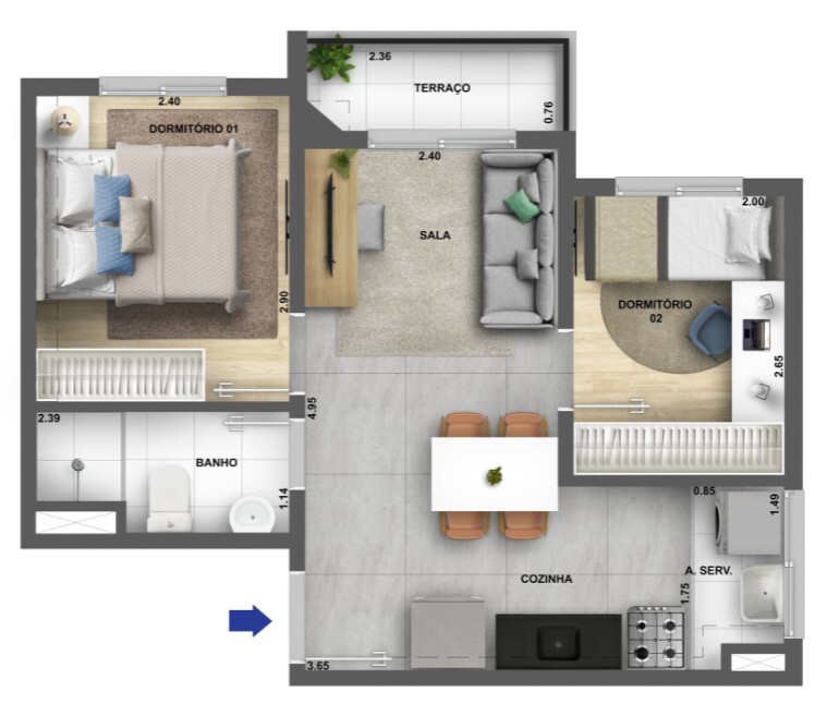 Planta 03 - 2 dorm 38m²