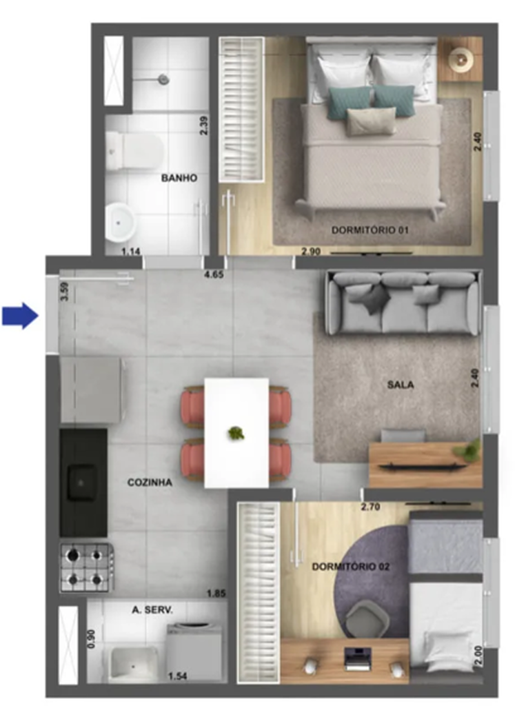 Planta 02 - 2 dorm 34,45m²