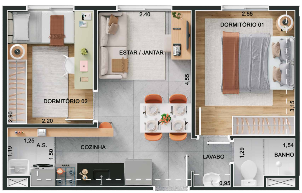 Planta 01 - 2 dorm 36,52m�