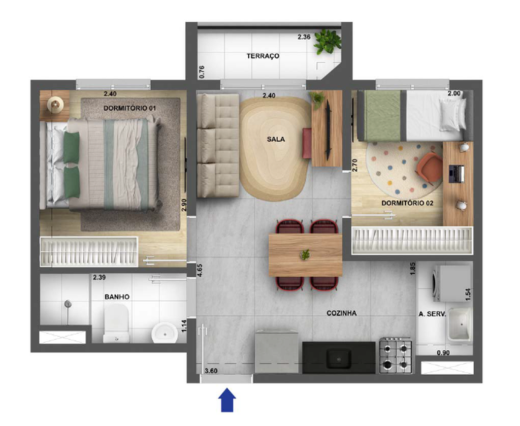 Planta 03 - 2 dorm 37,05m²