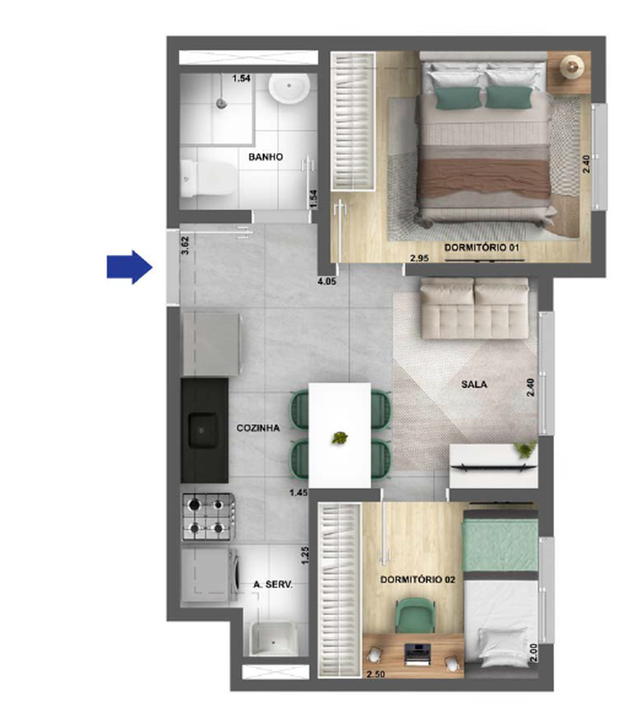 Planta 01 - 2 dorm 32,38m²