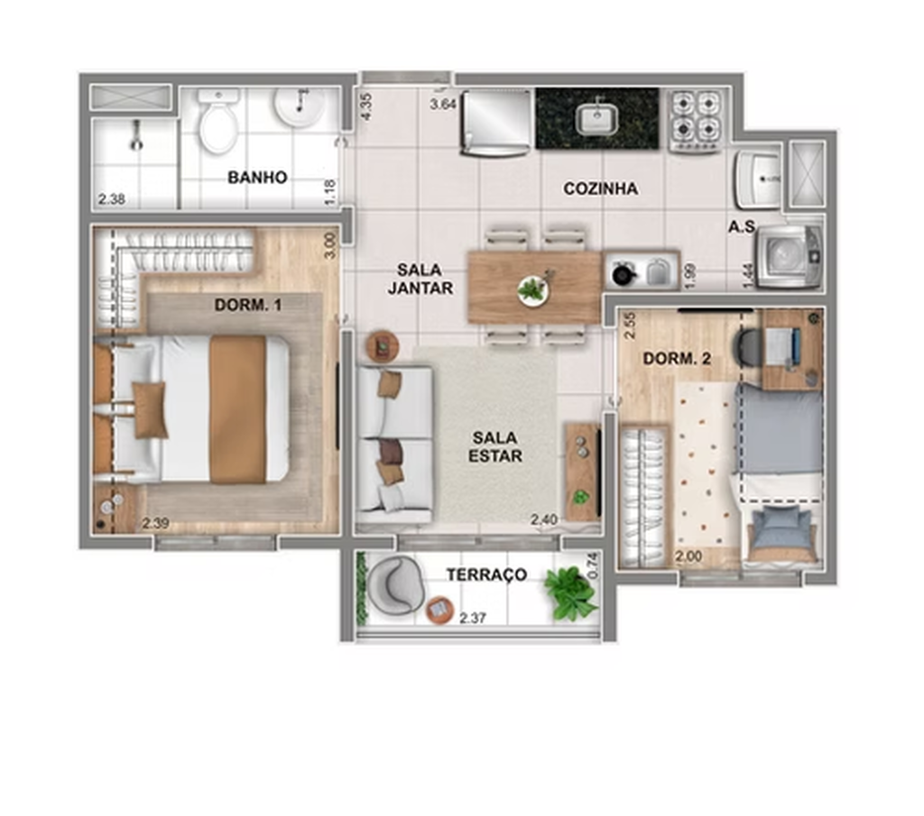 Planta 02 - 2 dorm 36m�