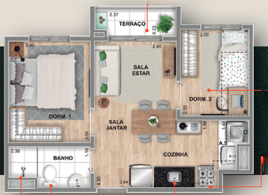 Planta 01 - 2 dorm 36,46m²