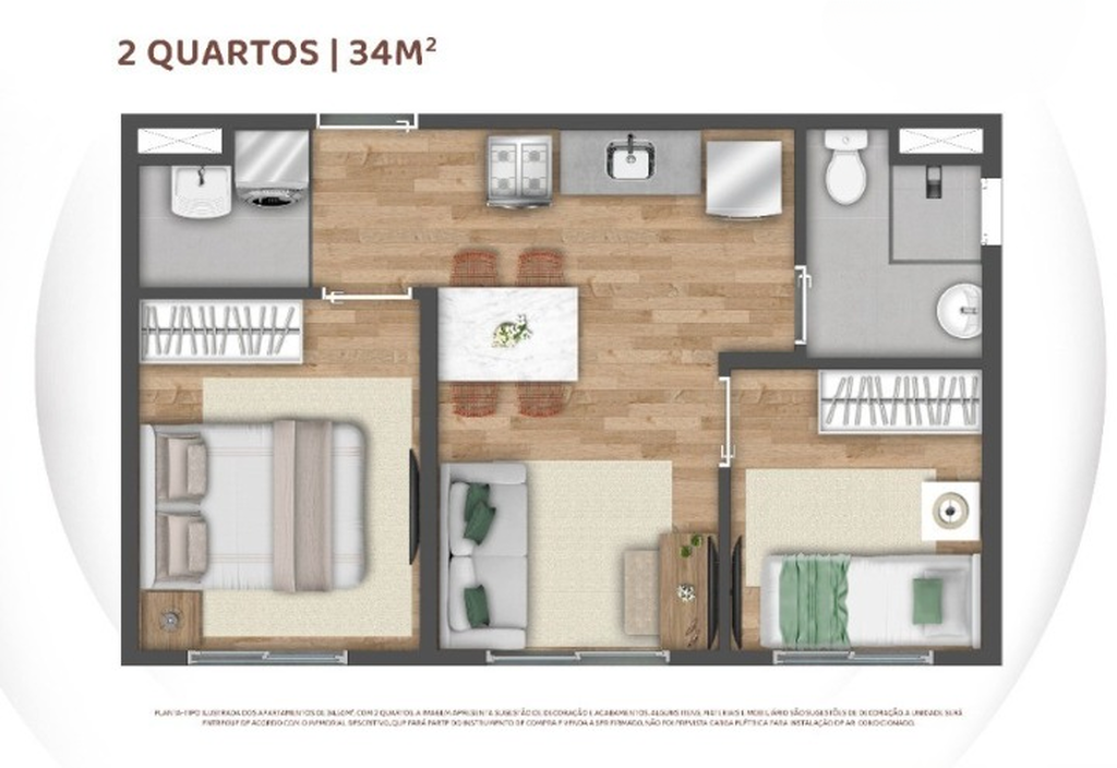 Planta 03 - 2 dorm 34m²