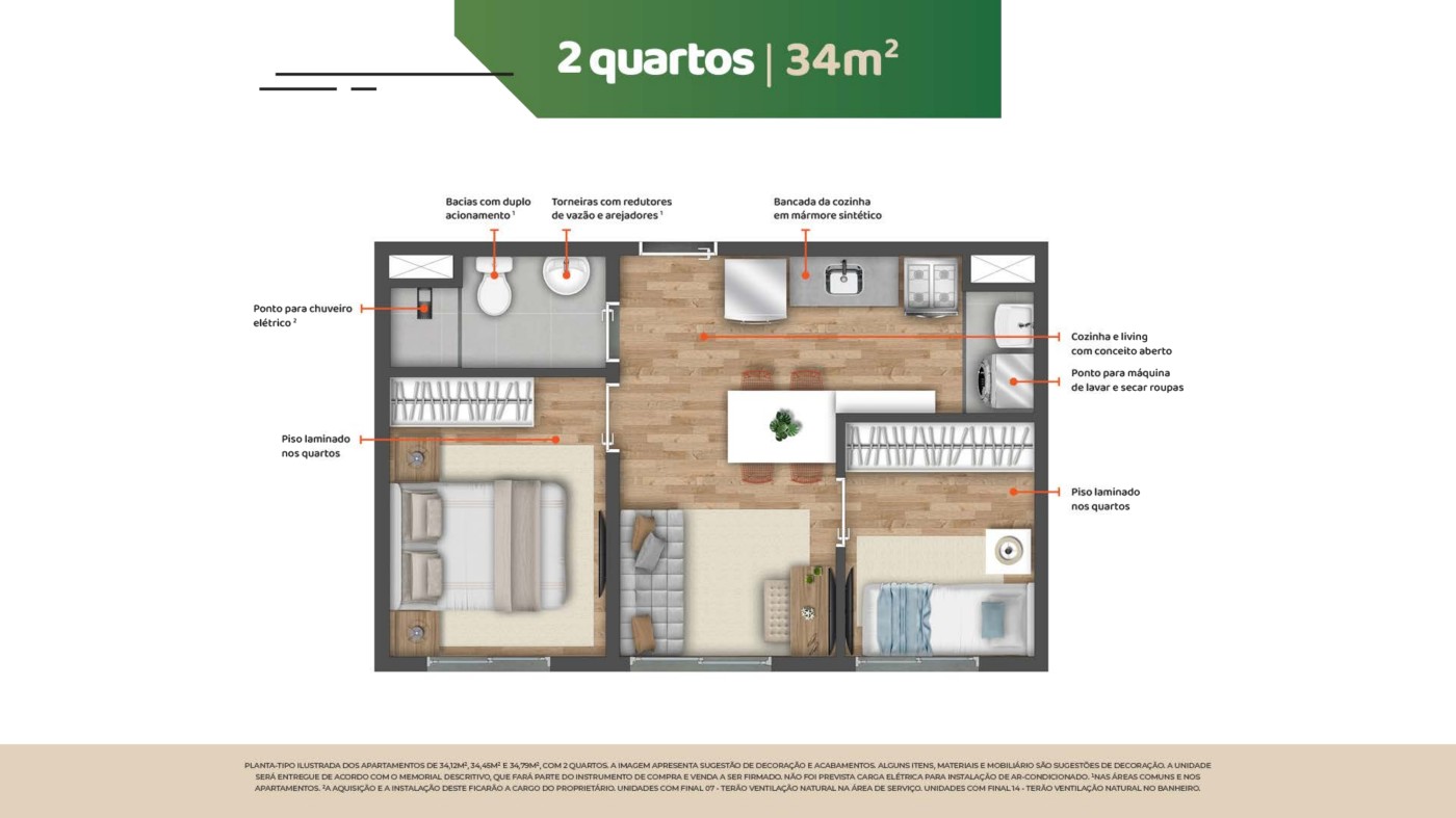 Planta apartamento 2 quartos 34 m2 na Vila Prudente