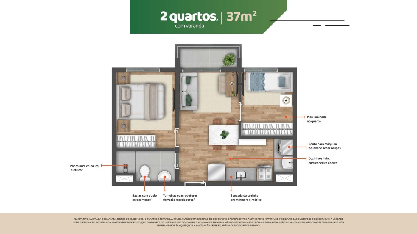 Planta apartamento 2 quartos 37 m2 com varanda - Vila Prudente