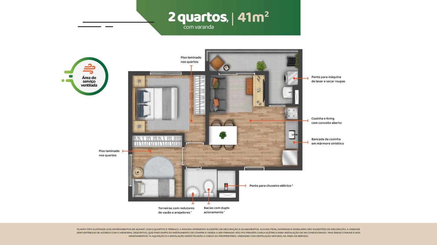 Planta apartamento 2 quartos 41 m2 com varanda - Vila Prudente