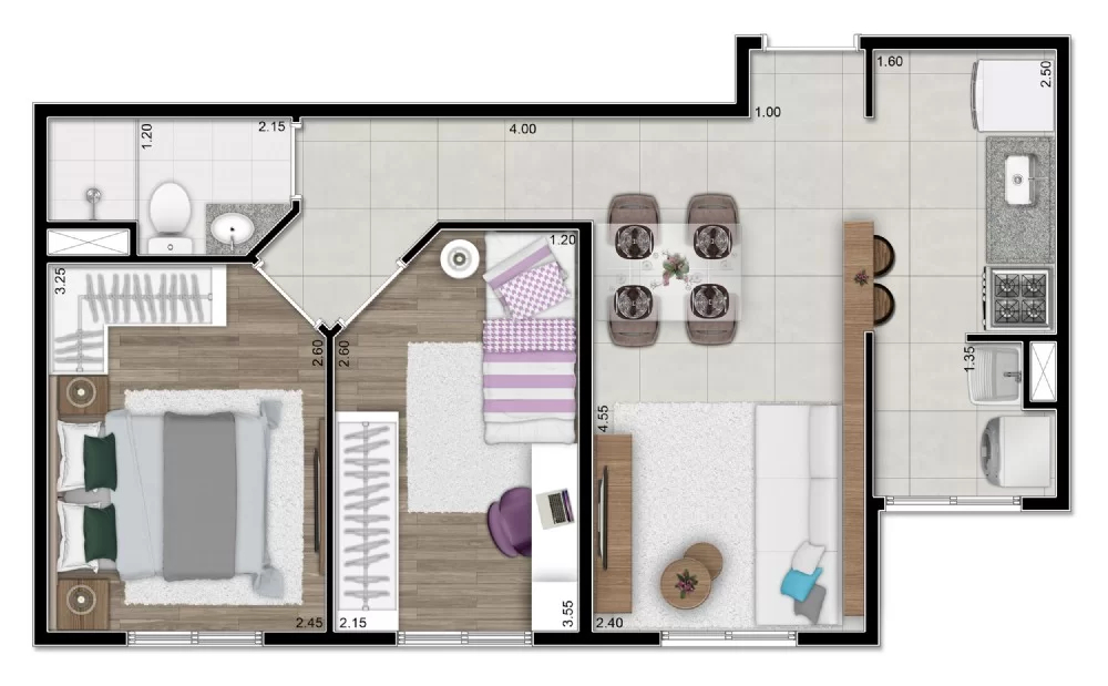 Planta 01 - 2 dorm 43,77m�