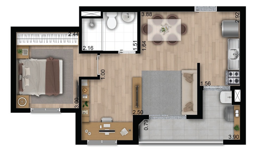 Planta 02 - 1 dorm 43,09m� - op��o