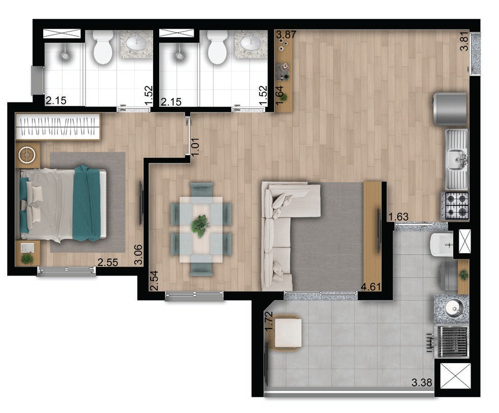 Planta 05 - 1 dorm 56,52m� - op��o