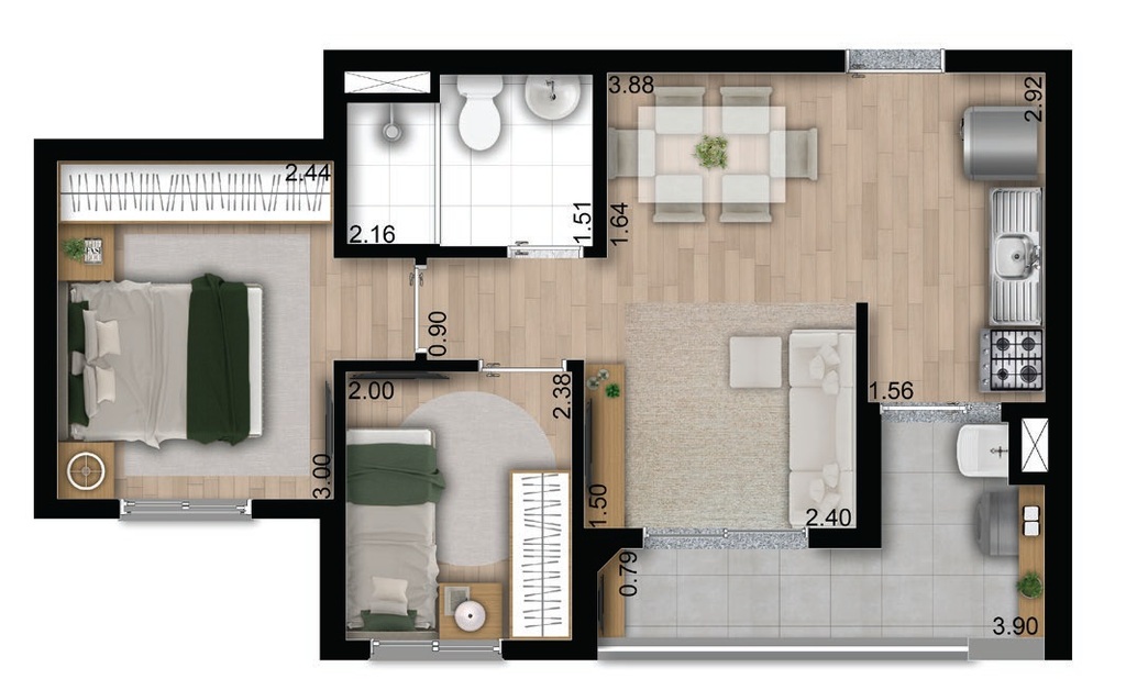 Planta 01 - 2 dorm 43,09m�