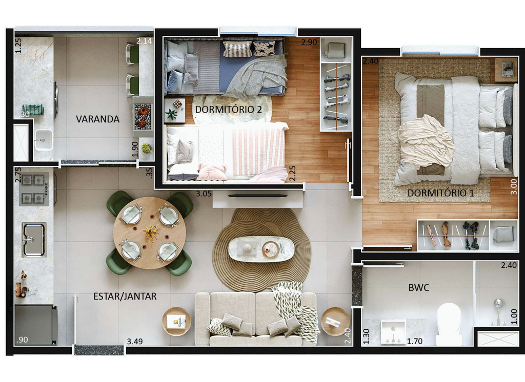 Planta 01 - 2 dorm 38,94m�