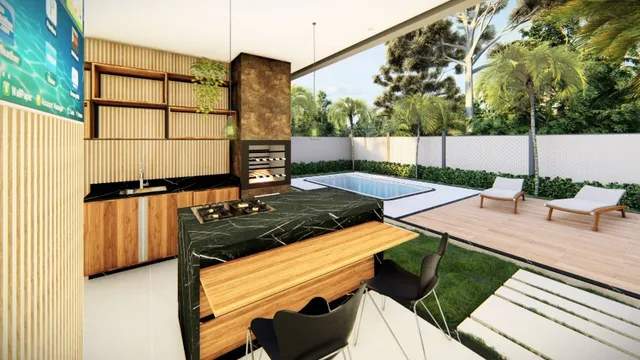 Foto 4 (Área Externa/Piscina): Espaço de lazer privativo espetacular com varanda gourmet e piscina integrada em terreno totalmente plano.