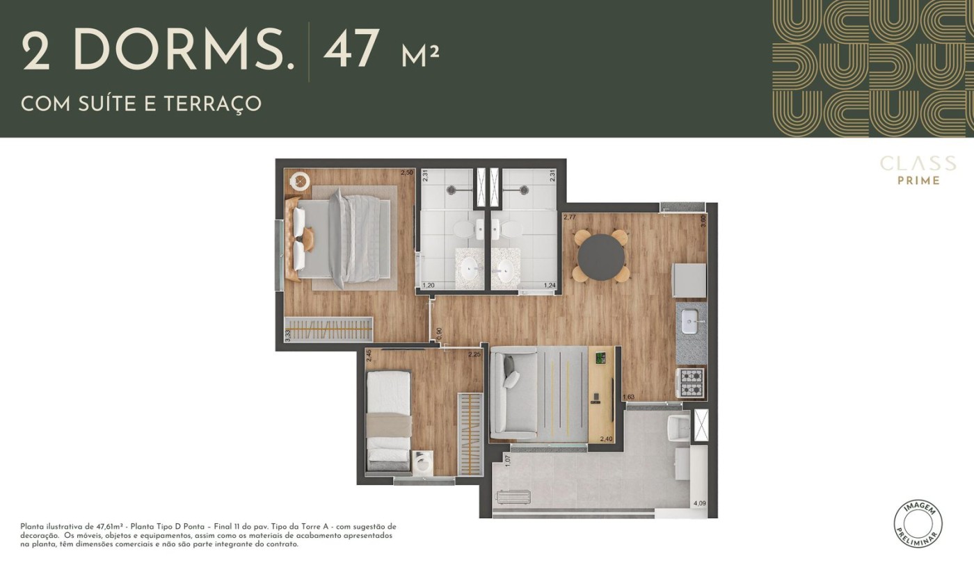 Planta apartamento 47 m� - 2 dormit�rios com su�te e terra�o