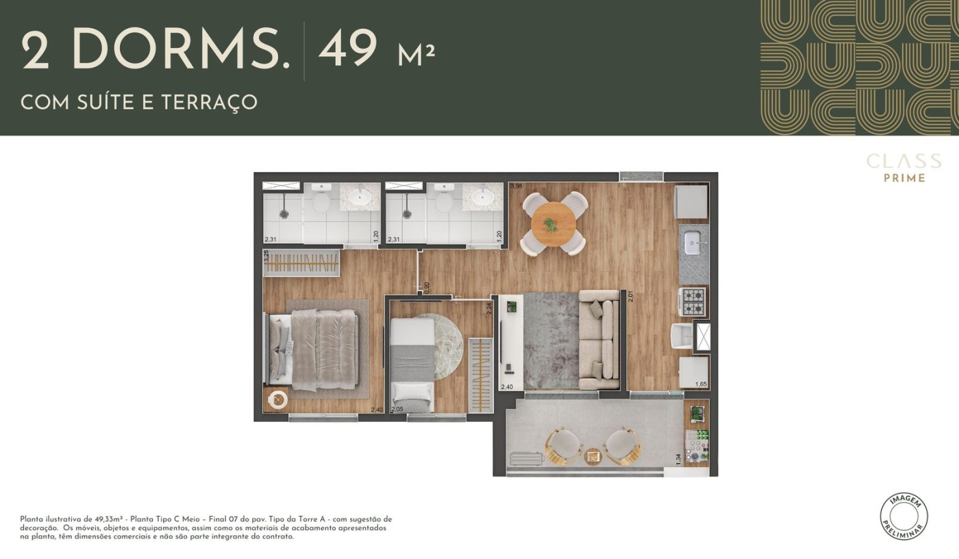 Planta apartamento 49 m� - 2 dormit�rios com su�te e terra�o