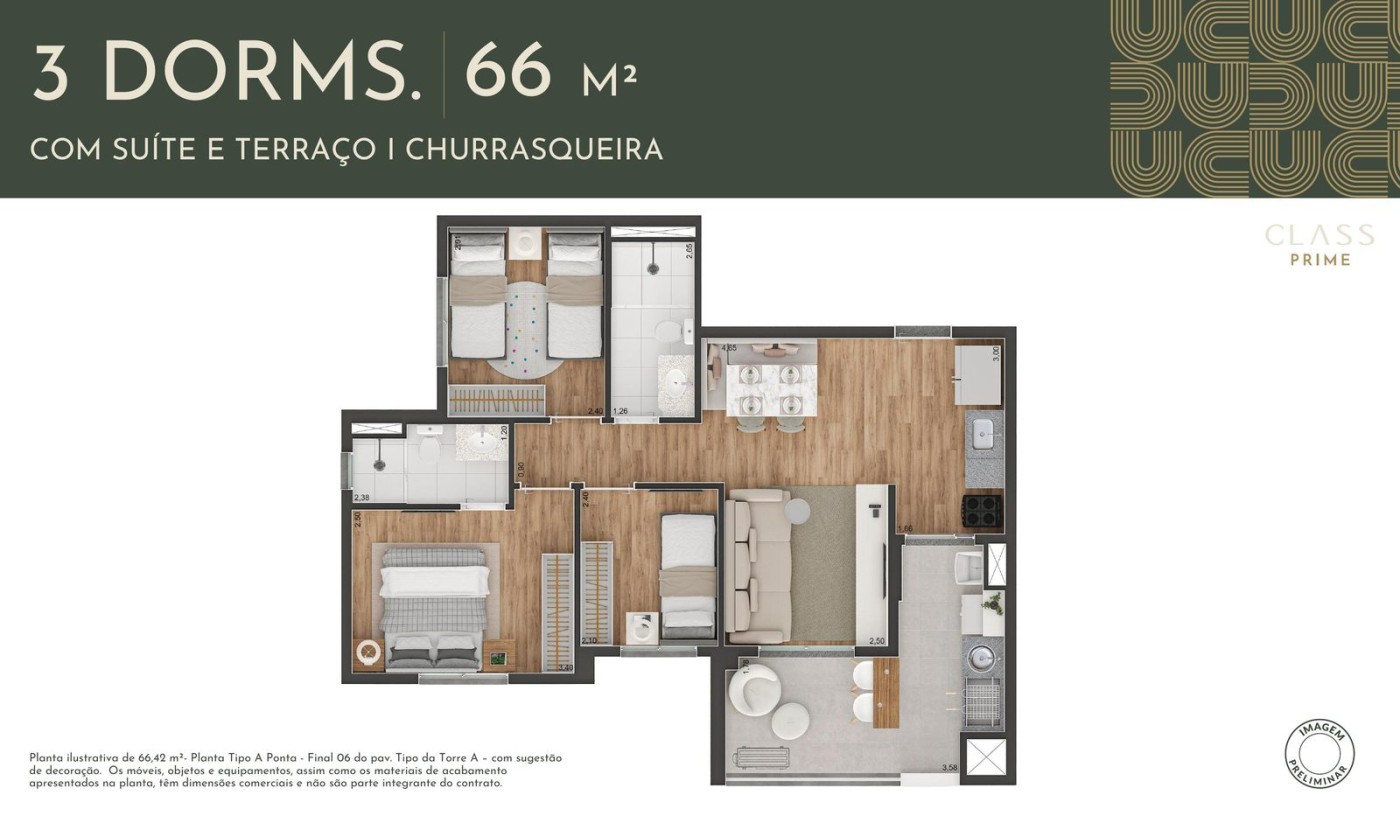 Planta apartamento 66 m� - 3 dormit�rios com su�te, terra�o e churrasqueira