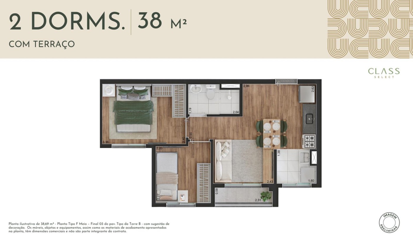 Planta apartamento 38 m� - 2 dormit�rios com terra�o - Class Select