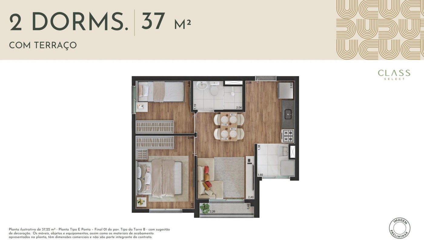 Planta apartamento 37 m� - 2 dormit�rios com terra�o - Class Select