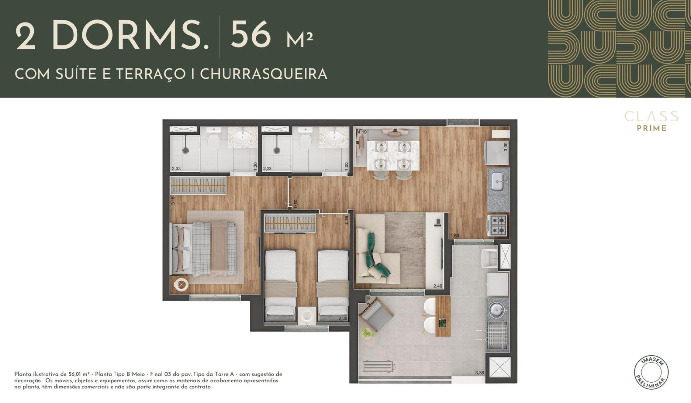 Planta apartamento 56 m� - 2 dormit�rios com su�te, terra�o e churrasqueira