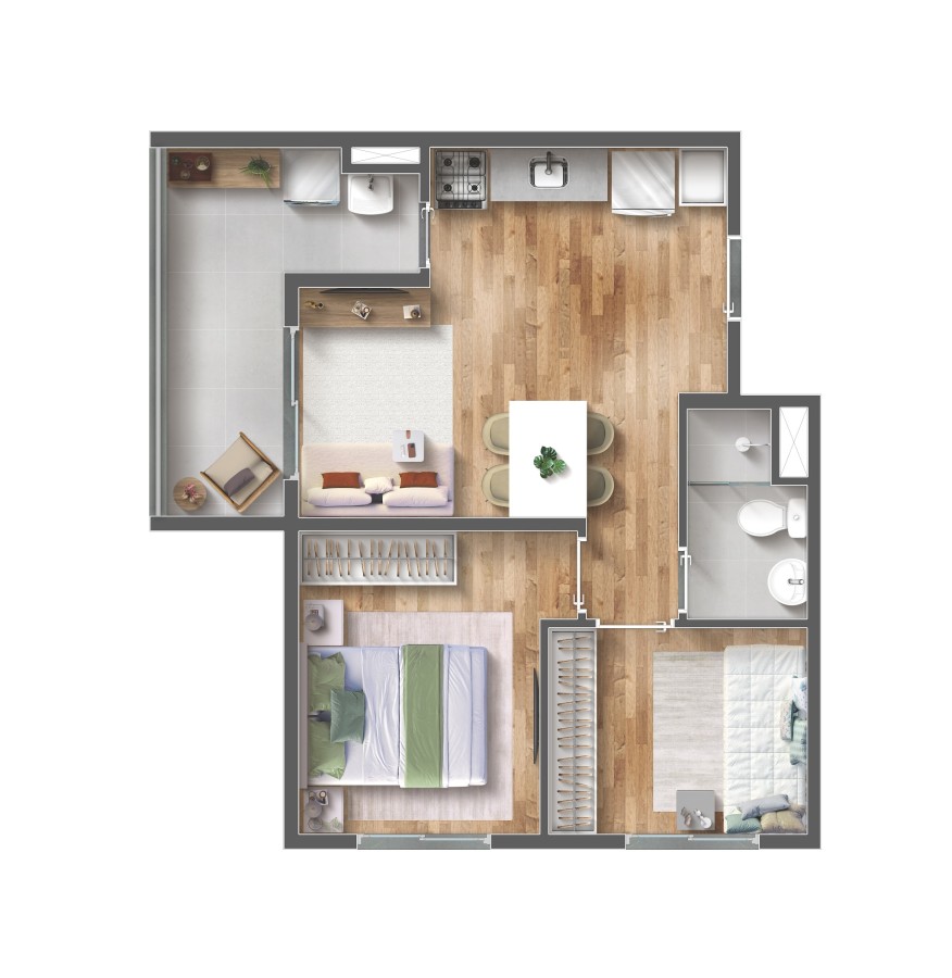 Planta 2 dormitorios 44 m2 com terraco