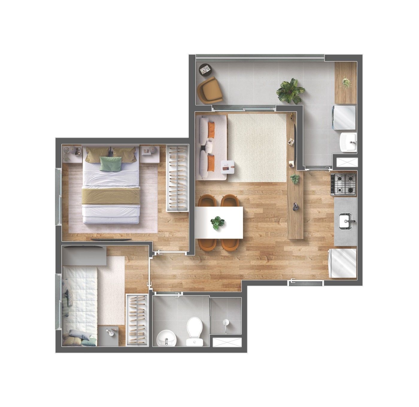 Planta 2 dormitorios 43 m2