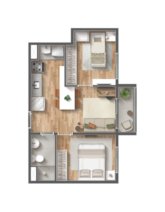 Planta 2 dormitorios 39 m2