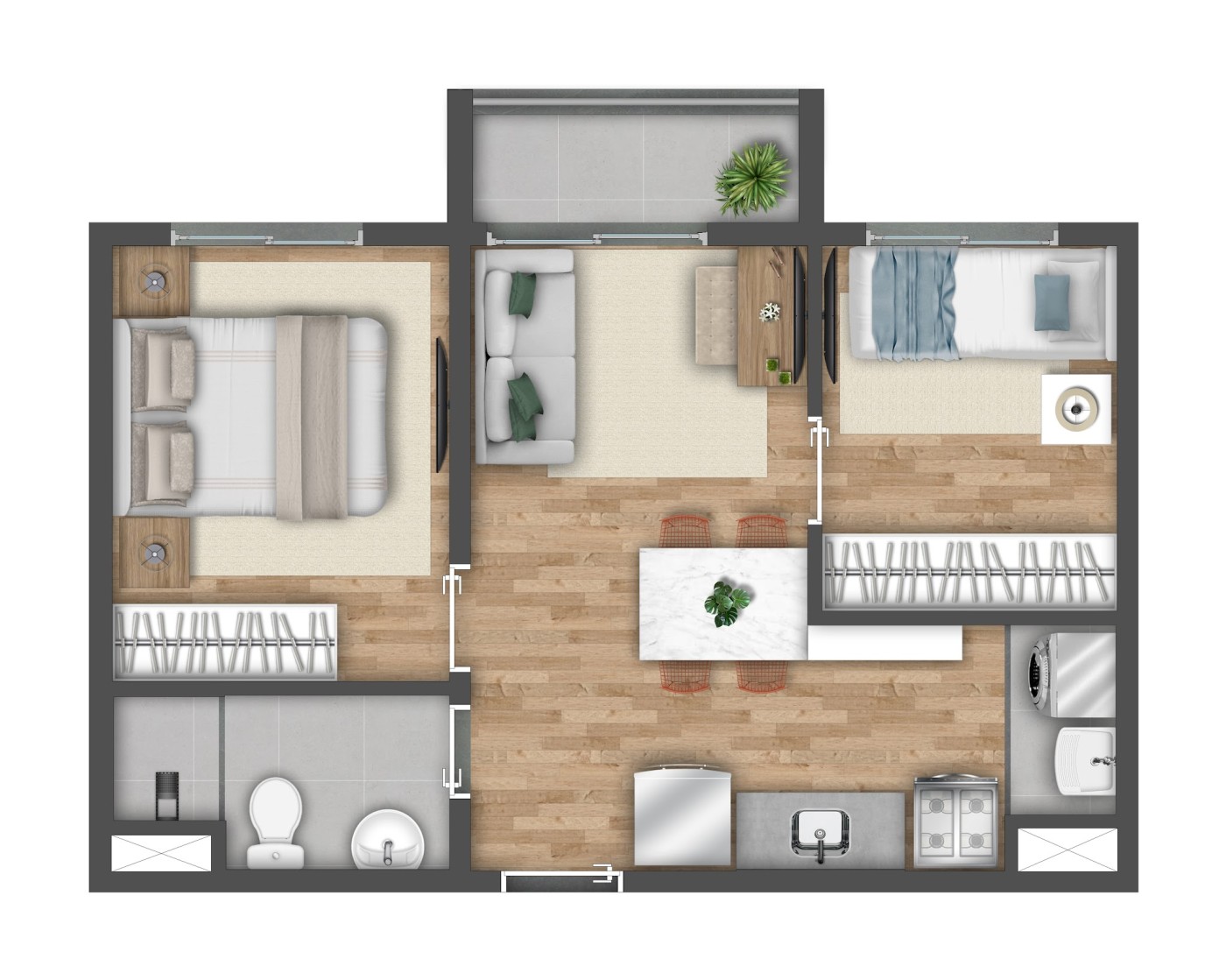 Planta 2 dormitorios 37 m2