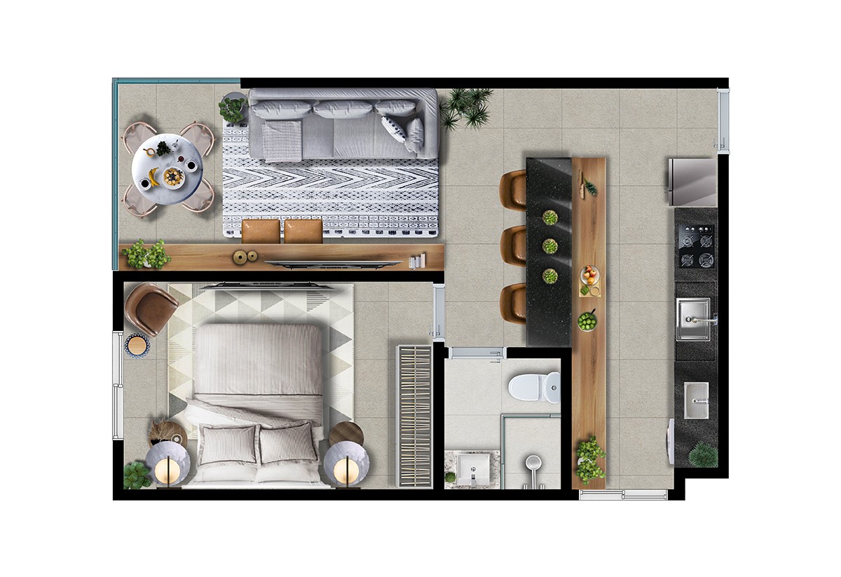 Planta 1 dorm Tipo finais 3 e 5 - sala ampliada