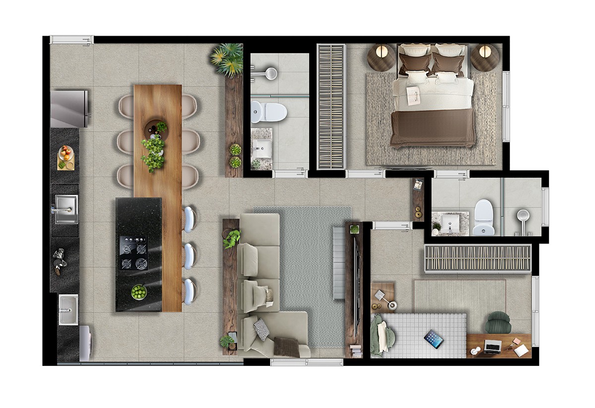 Planta 2 dorms Tipo finais 1,2,7 e 8 sala  ampliada