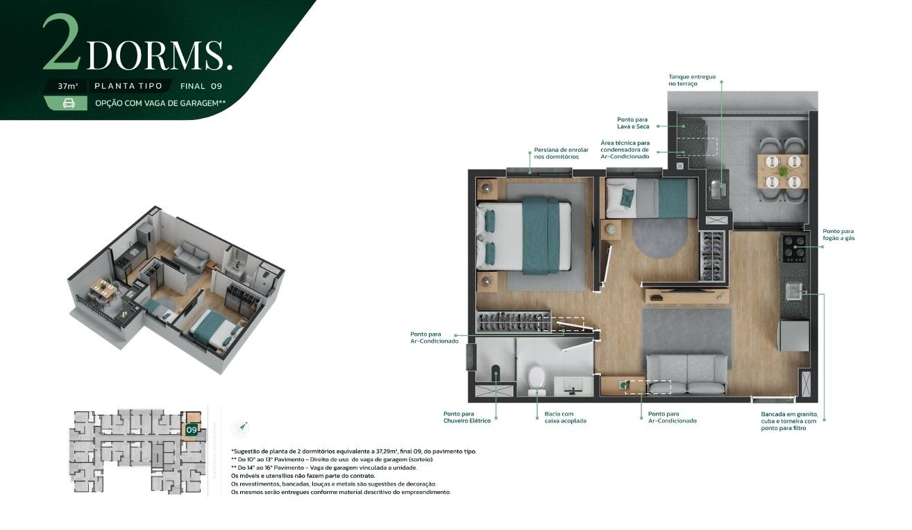 Planta apto 2 dorms 37m² final 9 opção com vaga