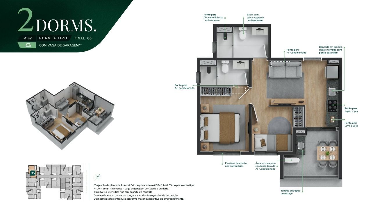 Planta apto 2 dorms, 1 suíte, 41m² final 05 com vaga