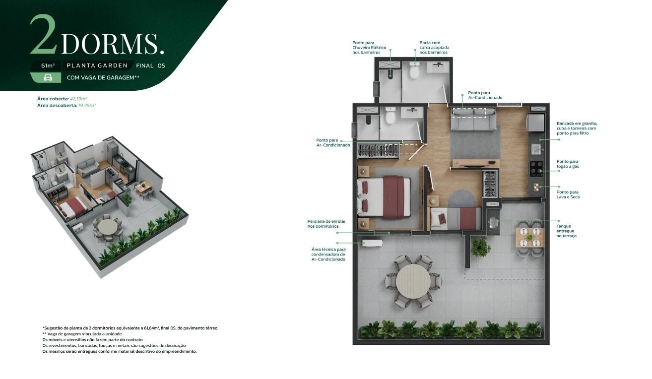 Planta Garden 2 dorms 1 su�te 61m� com Vaga