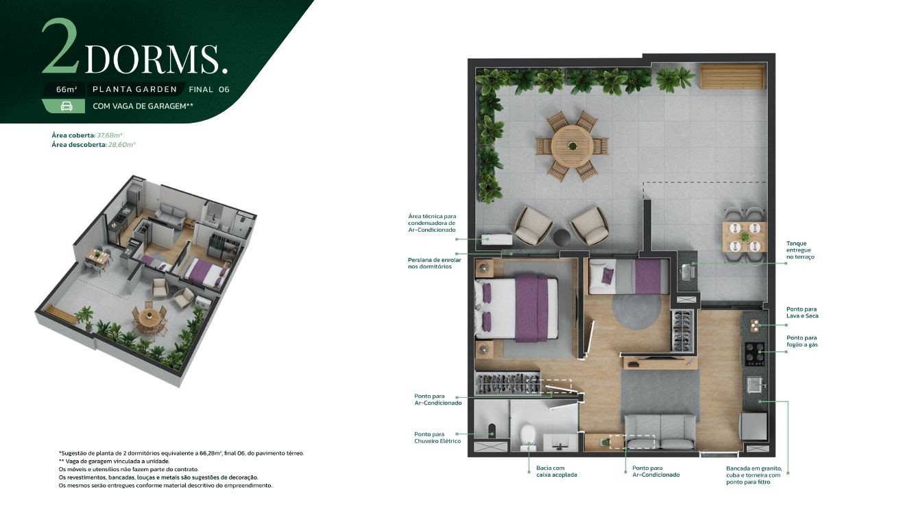 Planta Garden 2 dorms 66m� com vaga
