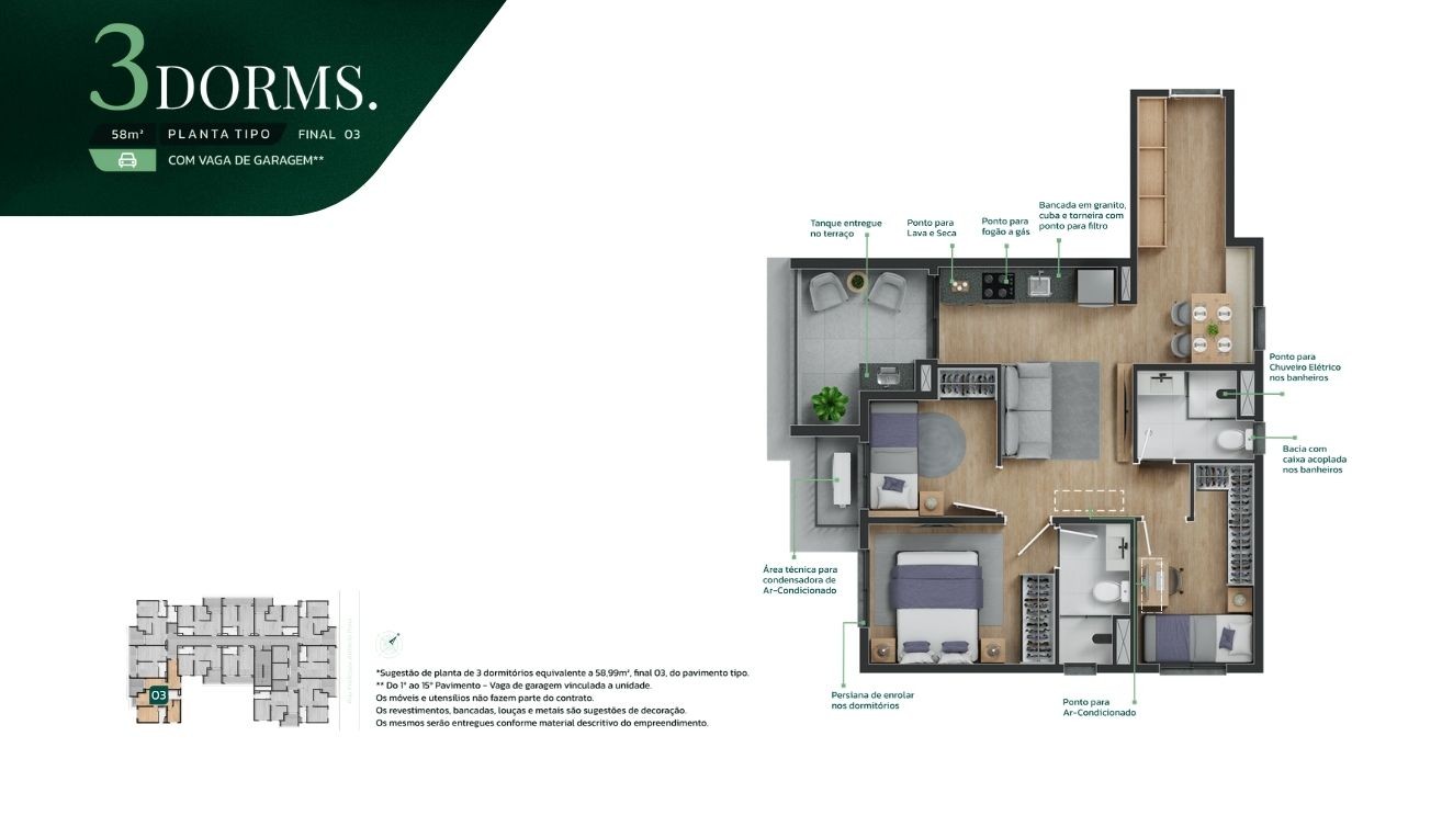 Planta 3 Dorms 58m² Final 03 com Vaga