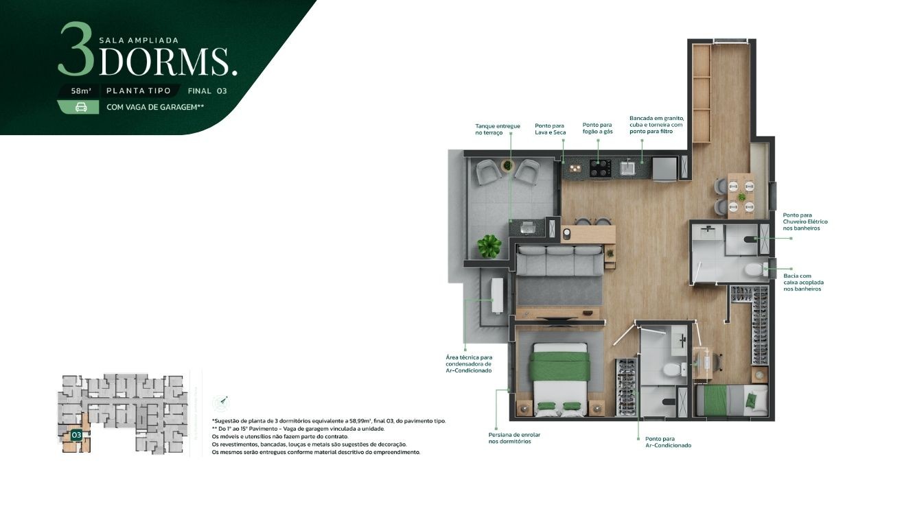 Planta Opção com Sala Ampliada 58m² Final 03 com vaga
