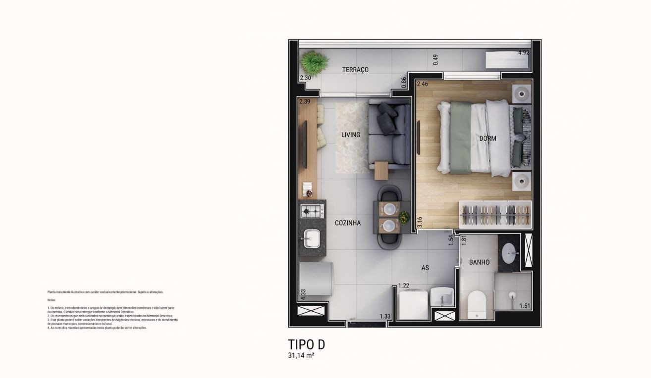 Planta 1 dorm 31m� Tipo D