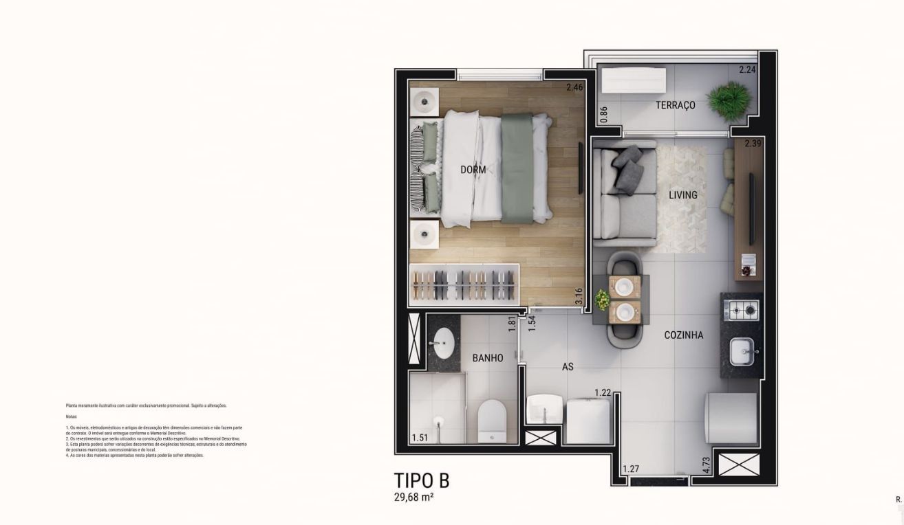 Planta 1 dorm 29m� Tipo B