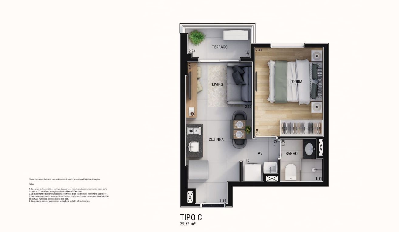 Planta 1 dorm 29m� Tipo C