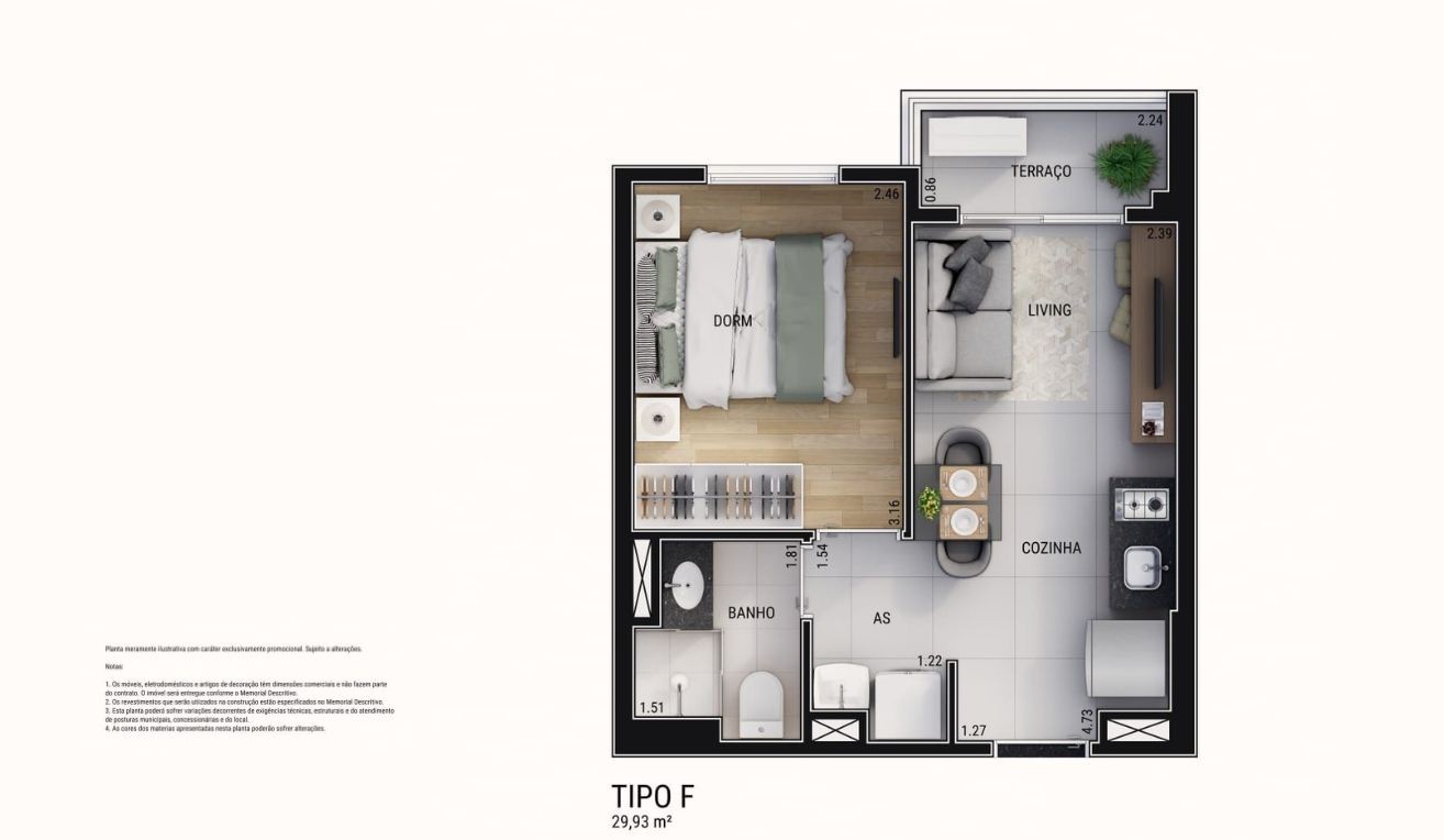 Planta 1 dorm 29m� Tipo F