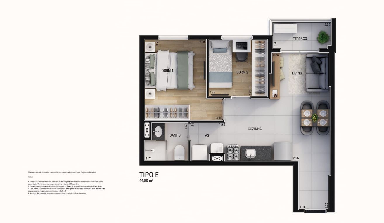 Planta 2 dorms 44m² Tipo E