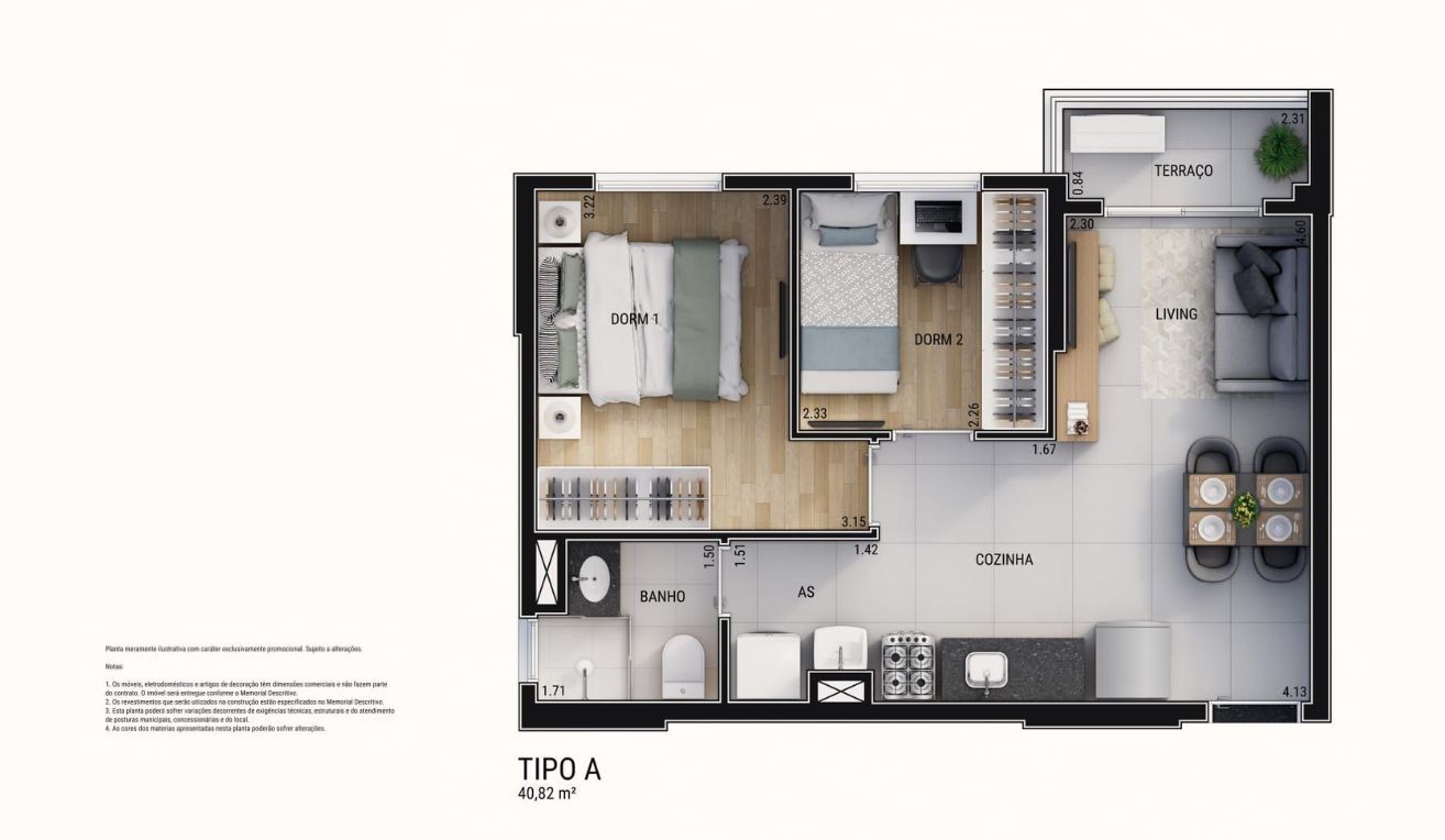 Planta 2 dorms 40m² Tipo A