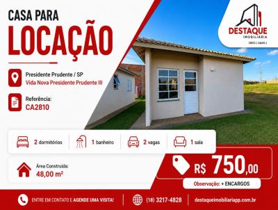 Casa para Loca��o, em Presidente Prudente, bairro Vida Nova Presidente Prudente III, 2 dormit�rios, 1 banheiro, 2 vagas