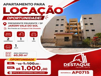 Apartamento para Loca��o, em Presidente Prudente, bairro Jardim Vale do Sol, 2 dormit�rios, 1 banheiro, 1 vaga