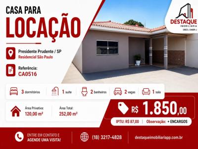 Casa para Loca��o, em Presidente Prudente, bairro Residencial S�o Paulo, 3 dormit�rios, 2 banheiros, 1 su�te, 2 vagas