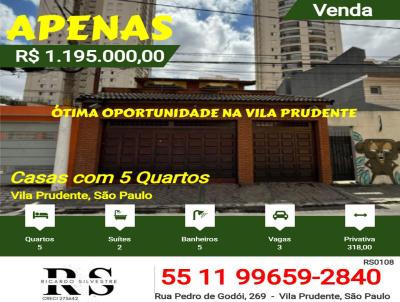 Casas 5 Quartos ou + para Venda, em S�o Paulo, bairro Vila Prudente, 5 dormit�rios, 5 banheiros, 2 su�tes, 3 vagas